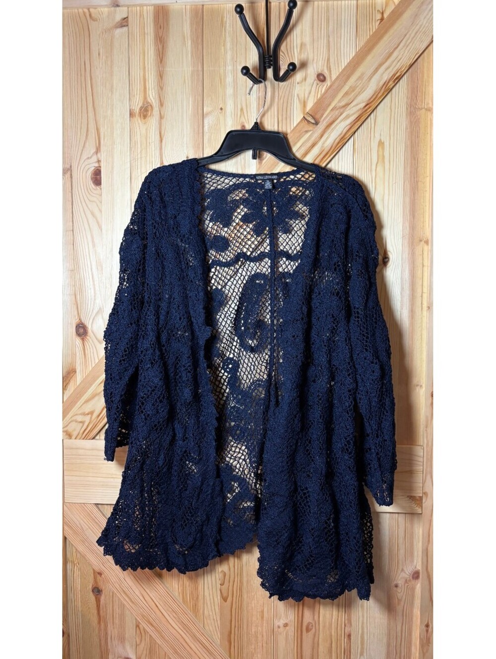 Nina Leonard Women's Navy Blue Crochet Design Open Front Cardigan 2X